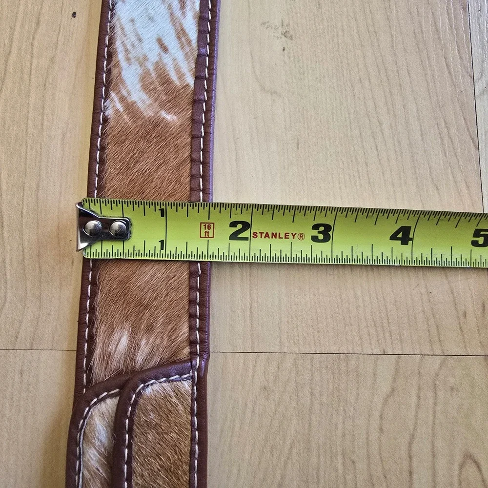 Western Calf Hair Faux‎ Leather Belt with Pouches Tan White Silver Buckle 32in
